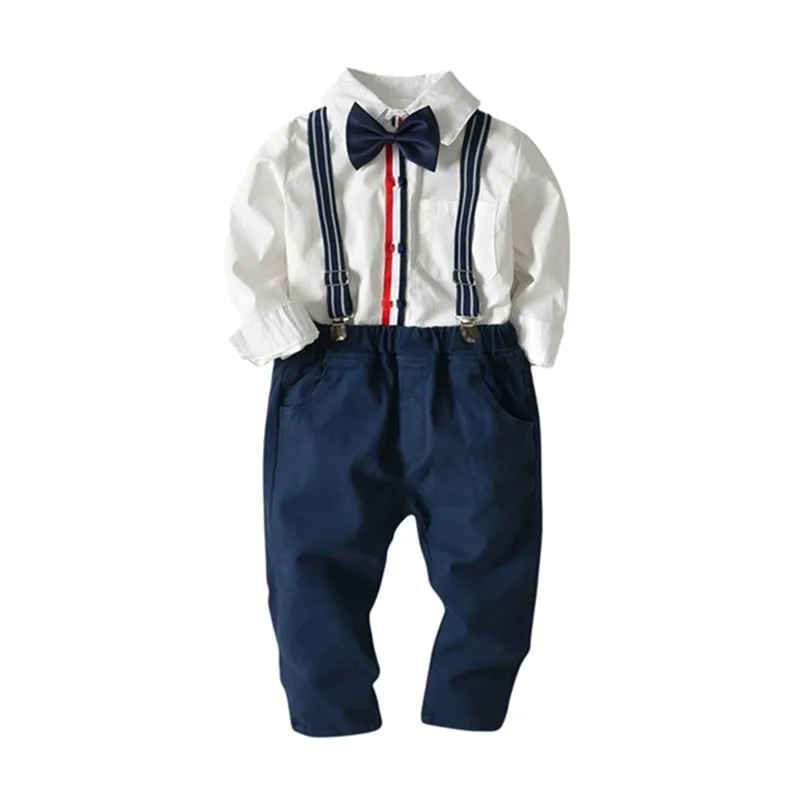 

Autumn Winter 2018 Baby Boy Sets Gentlemen Long Sleeve Soft Cotton Shirt Bow Tops+Long Strap Trousers Hot Sale Toddler Outfits