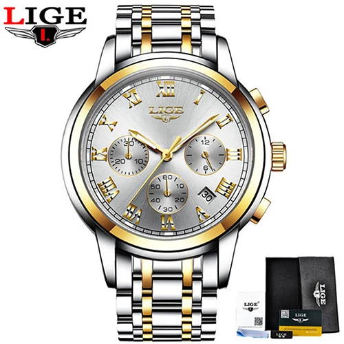Роскошный бренд новые часы мужские LIGE с хронографом мужские спортивные часы водонепроницаемые полностью Стальные кварцевые мужские часы Relogio Masculino - Цвет: Steel Gold White