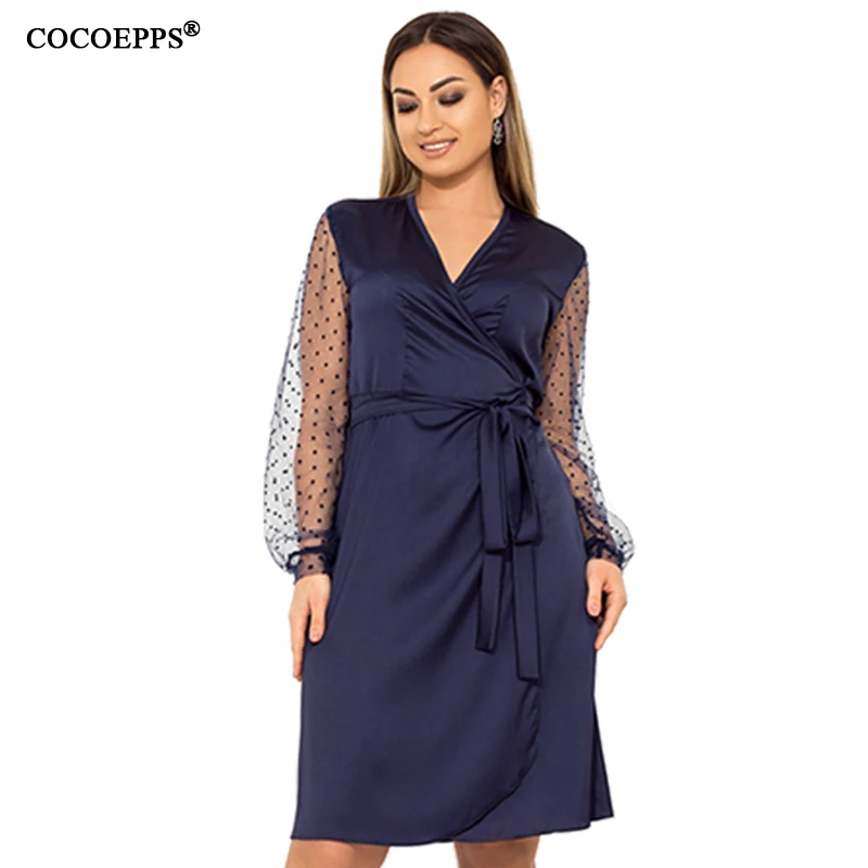 

5xl 6xl 2019 Elegant Big Size Women Dress Mesh Sleeve v Neck Wrap Office Dress Large Size Evening Party Plus Size Summer Dress