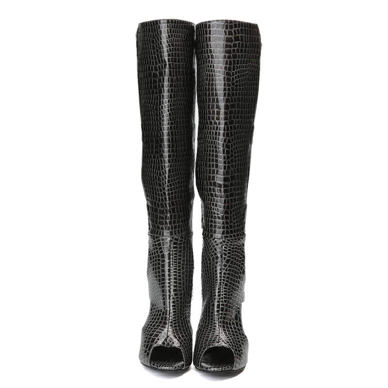 Mujer Botas La Altas Las Toe Negro Recortes Más Mujeres Peep Zapatos Kcenid Alto Rodilla Sexy Larga Tacón De Moda Hasta 2019 Pu Serpiente Primavera CxwqWRA60