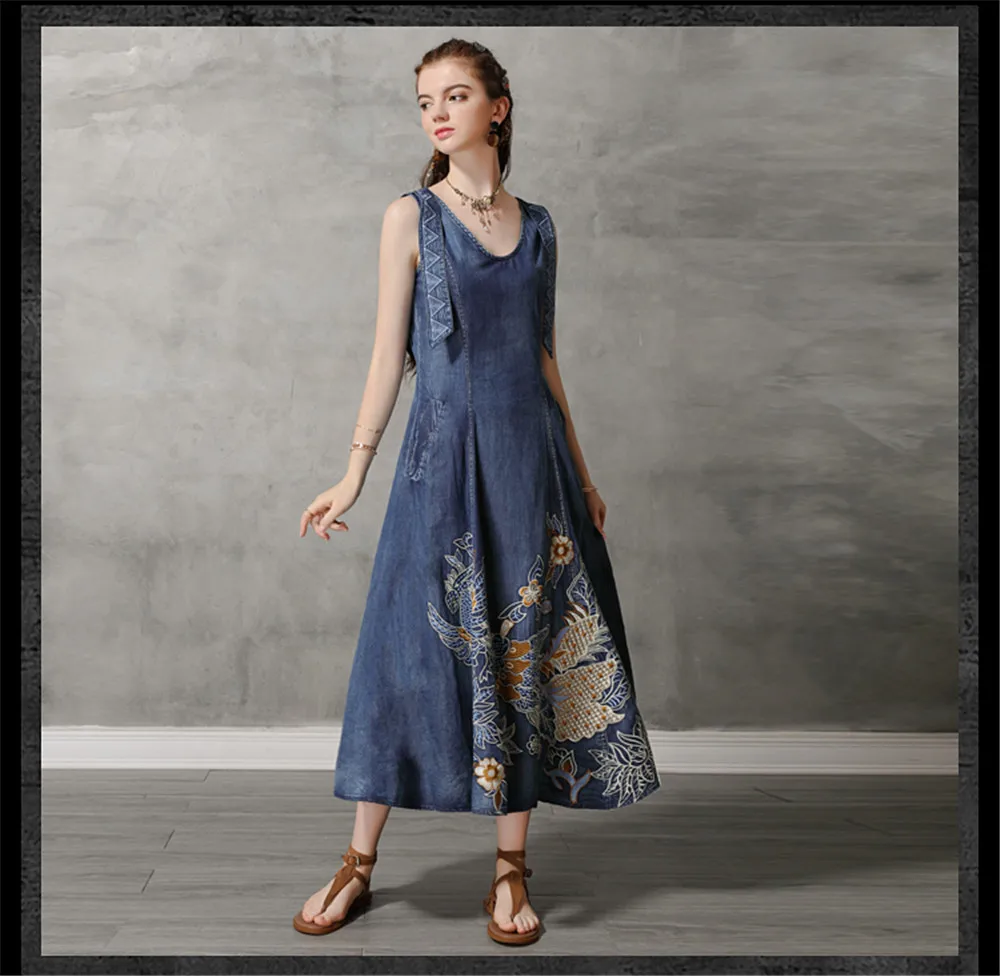 Vintage Summer Tank Dress 2019 Cotton Women Denim Dresses O-Neck Sleeveless Vintage Embroidery Swing Hem Sundress 82168  (8)