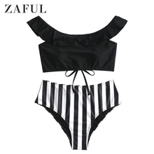 ZAFUL New Women Striped Print Bikini Set Swimwear Female Lace-Up Ruffle Bandage Swimsuit Beachwear Biquini Tankini Bather Suit lace up print tankini set swimwear