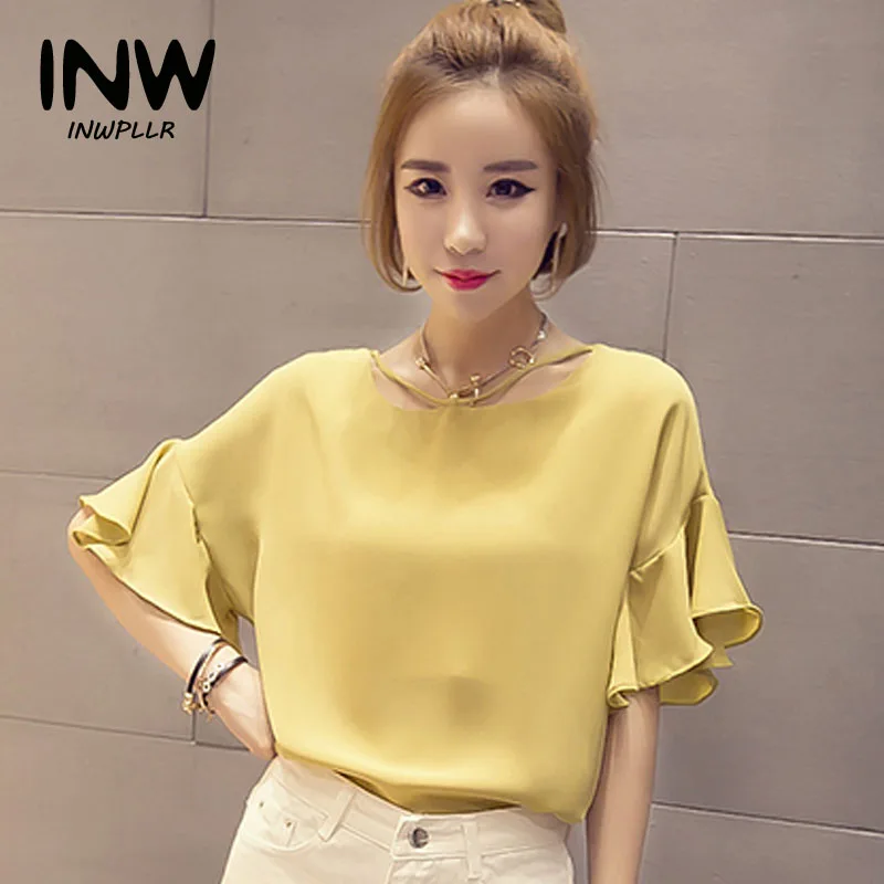 Fashion 2017 Chiffon Yellow Women Blouse Ladies Summer