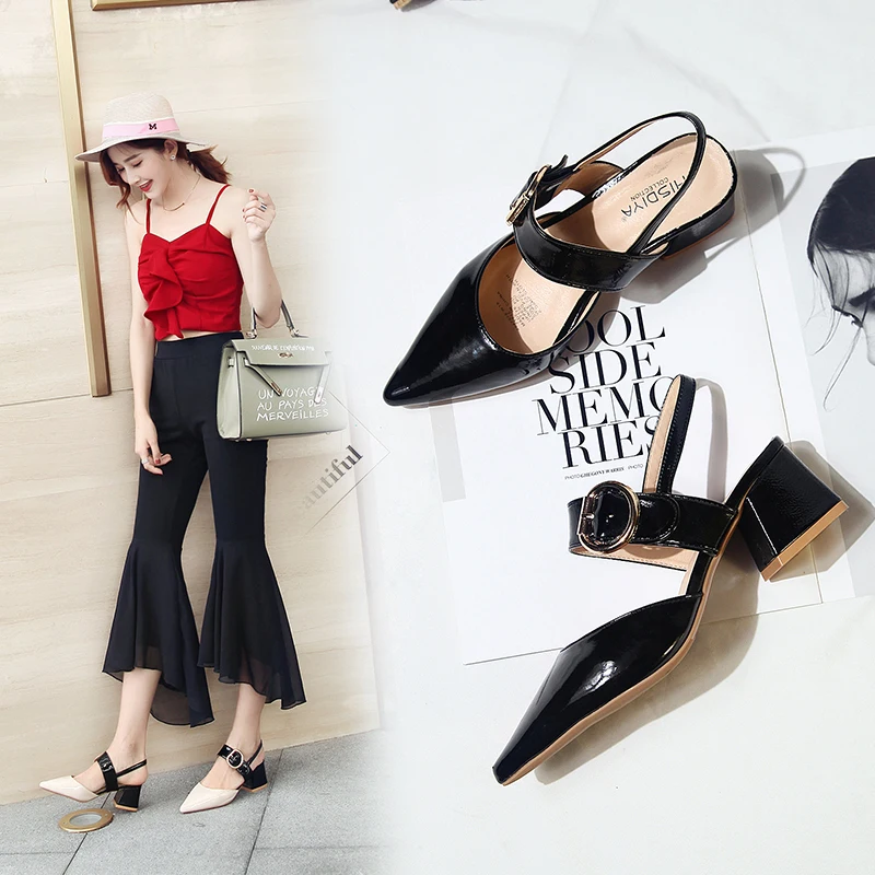 

Cremulen 2019 Summer Pointed Thick Heel Single Shoes Buckle Shallow Women's Sandals Fashion Lady Shoes