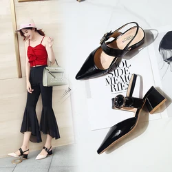 Cremulen 2019 Summer Pointed Thick Heel Single Shoes Buckle Shallow Women's Sandals Fashion Lady Shoes Cremulen 2019 Summer Pointed Thick Heel Single Shoes Buckle Shallow Women's Sandals Fashion Lady Shoes