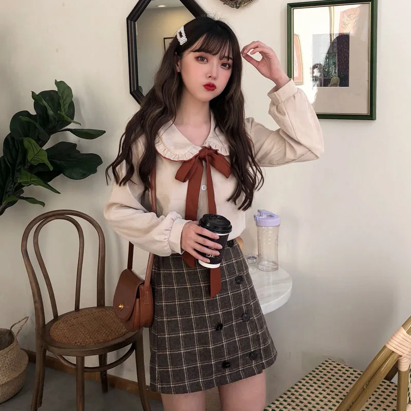  Bow Flannel Women Kawaii Shirt Ruffles Collar Long Sleeve Soft Warm Slim Shirts Blouses For Female 