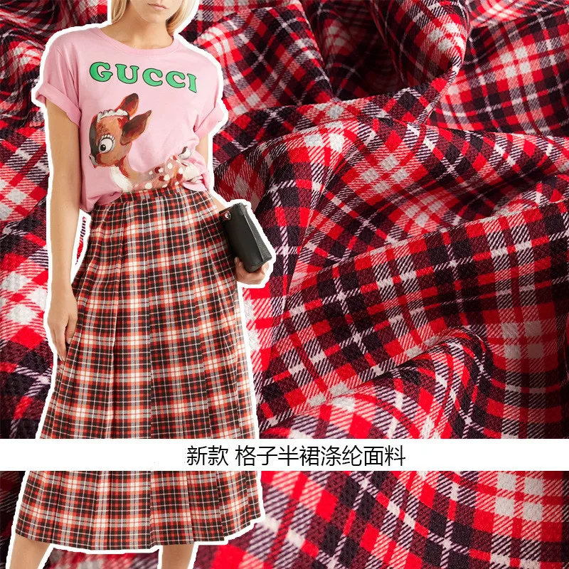 

New autumn and winter red plaid pattern polyester fabric 145cm wide digital print skirt suit jacket clothing fabric DIY cloth