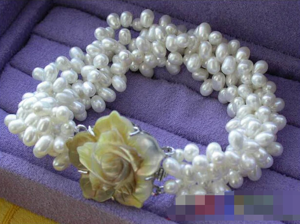 

free shipping 01248 4ROW WHITE RICE FRESHWATER CULTURED PEARL BRACELET