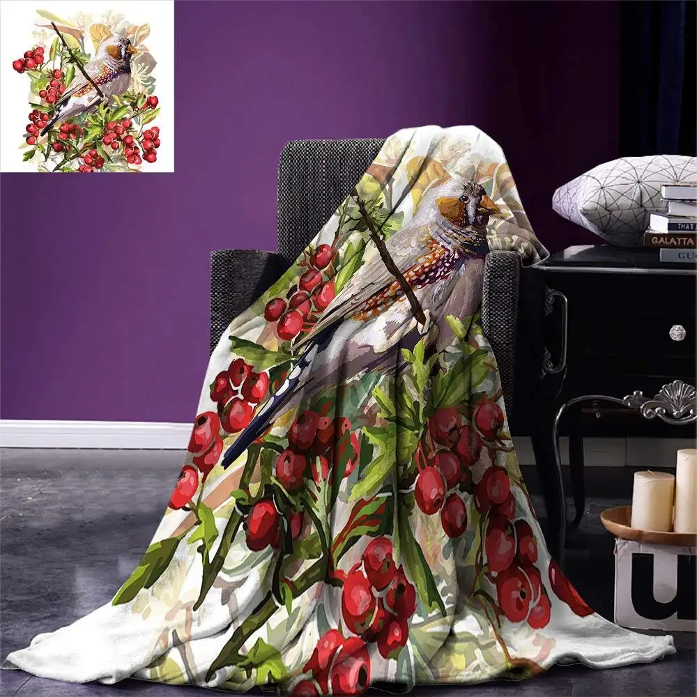 Rowan Throw Blanket Colorful Bird Flower and Rowan Shrubs on White