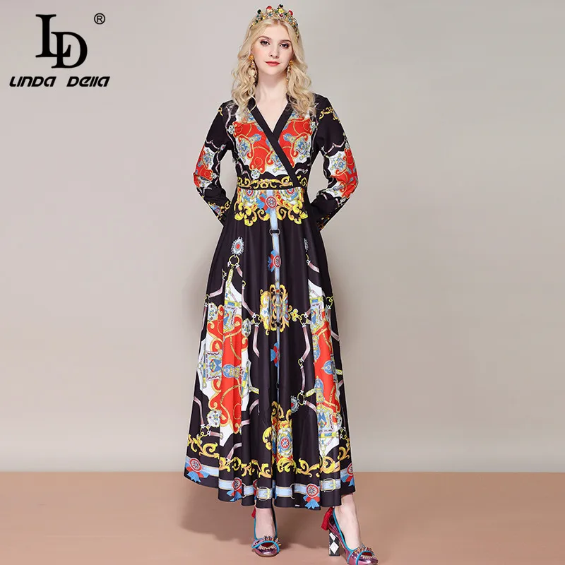 LD LINDA делла модные Подиумные платья-Макси с длинным рукавом Женские v-образный вырез великолепное печатное винтажное праздничное длинное платье с поясом