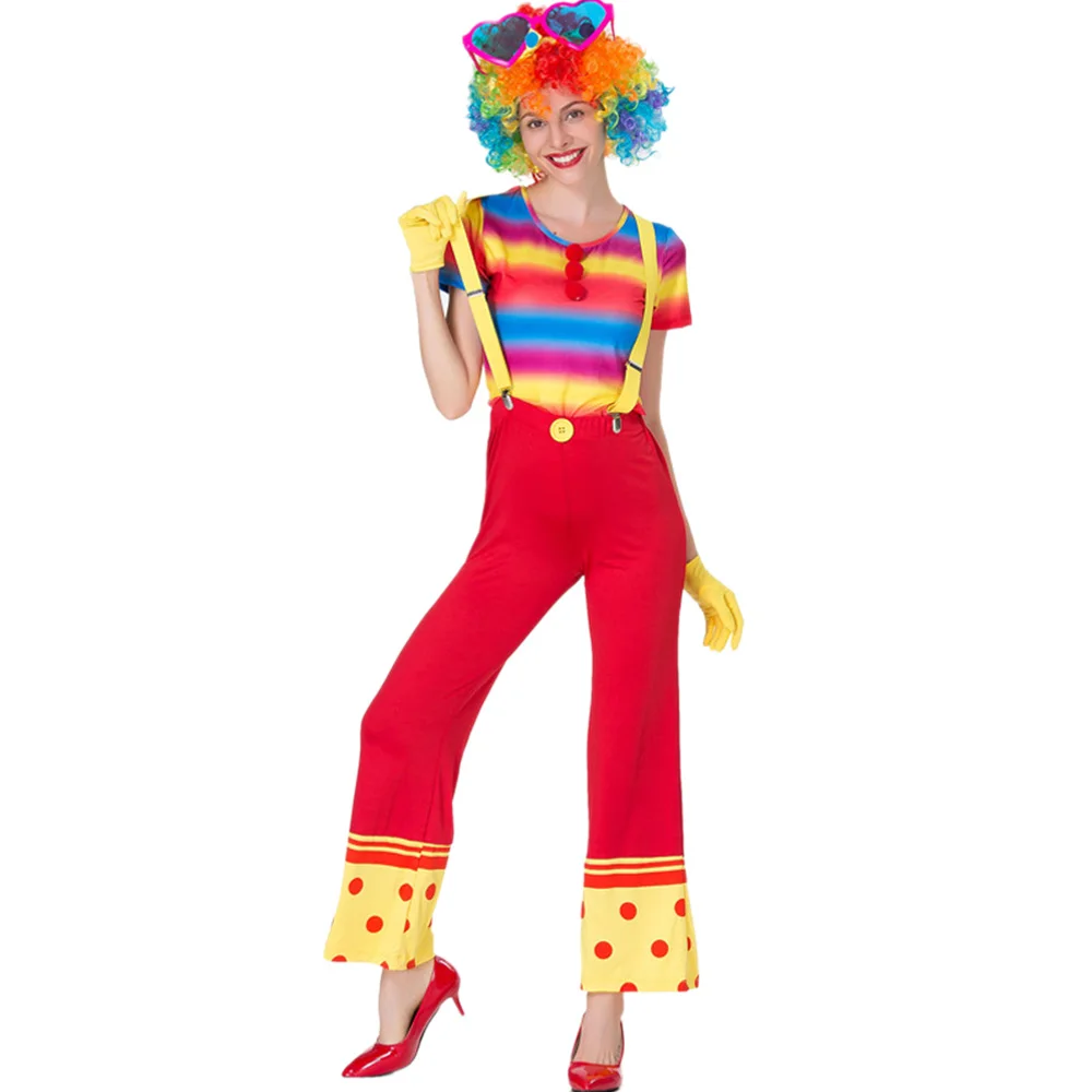 

Colorful Circus Clown Cosplay Costume Magician Performance Uniform Men Women Adults Funny Suits Halloween Party Full Sets