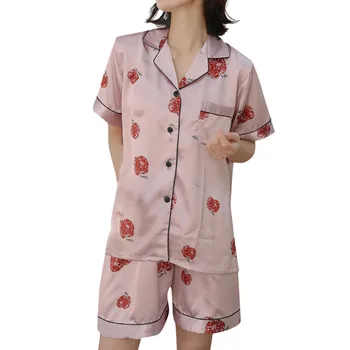 

2019 NEW Women Simulation Silk Printing Pattern Pajamas Sleepwear Nightwear Set Пижамный комплек Wholesale T3