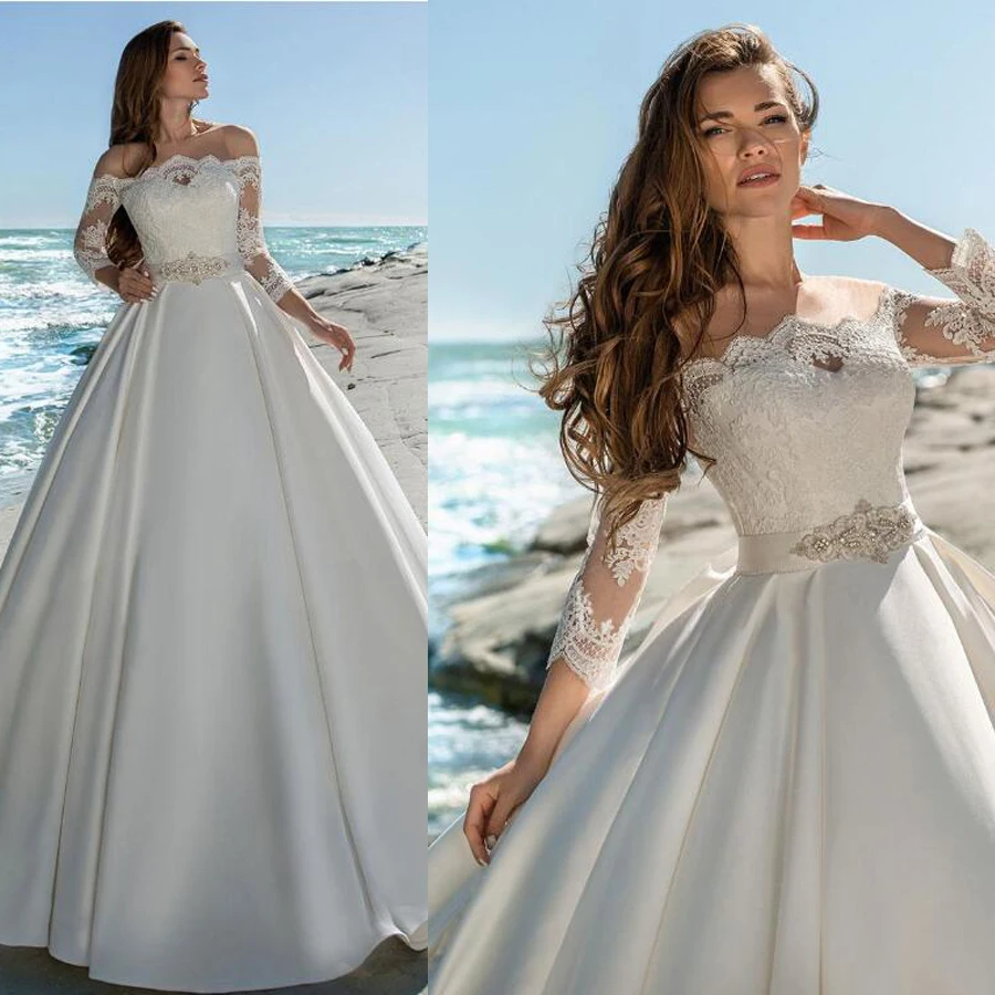 

Fashionable Sheer Jewel Neckline Off the Shoulder A-line Wedding Dress with Lace Appliques Crystal Belt Court Train Bridal Dress