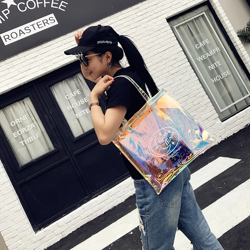 

2019 Fashion Laser Colorful Bags Large Capacity Ladie Tote Bag Women Thicken Handbag Beach Shopper Makeup Organizer Shoulder Bag