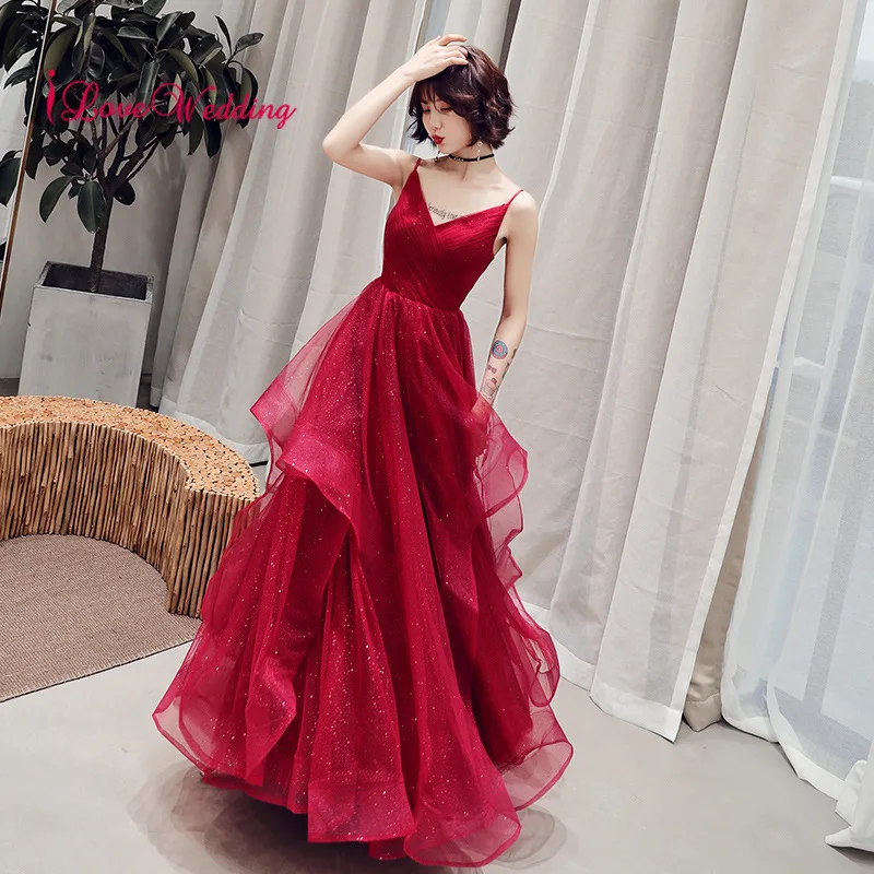 

New Arrival 2019 Sexy V Neck Red Tulle Pleated Spaghetti Straps Custom made A Line Ruffles Formal Long Evening Dresses