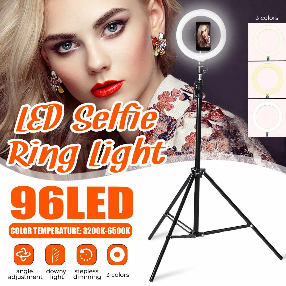 

96 LED Selfie Ring Light 3colors 6500K Studio Photography Photo Fill Ring Light with Tripod for iphone Smartphone Makeup