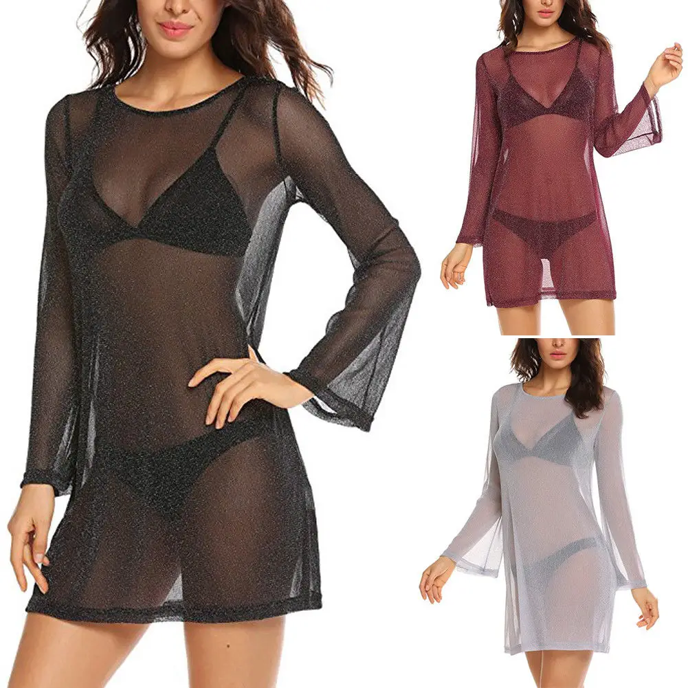 Women Ladies Sexy Mesh Swimwear Bikini Cover Ups Sheer Long Sleeves