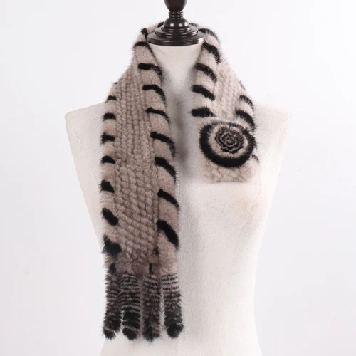 Леди натуральный ручной вязки из меха норки зимний теплый шарф из натуральной норки меховой шарф женский модный качественный Натуральный меховой шарф из норки - Цвет: grey black