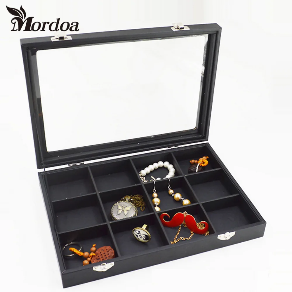 Free Shipping 12 Slots Black Skin Glass Lid Bracelet Loose Bead Box