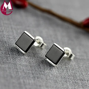 

Natural Stone Black Agate Square Stud Earrings Jewelry Female 100% Genuine 925 Sterling Silver Earrings For Women Simple SE60
