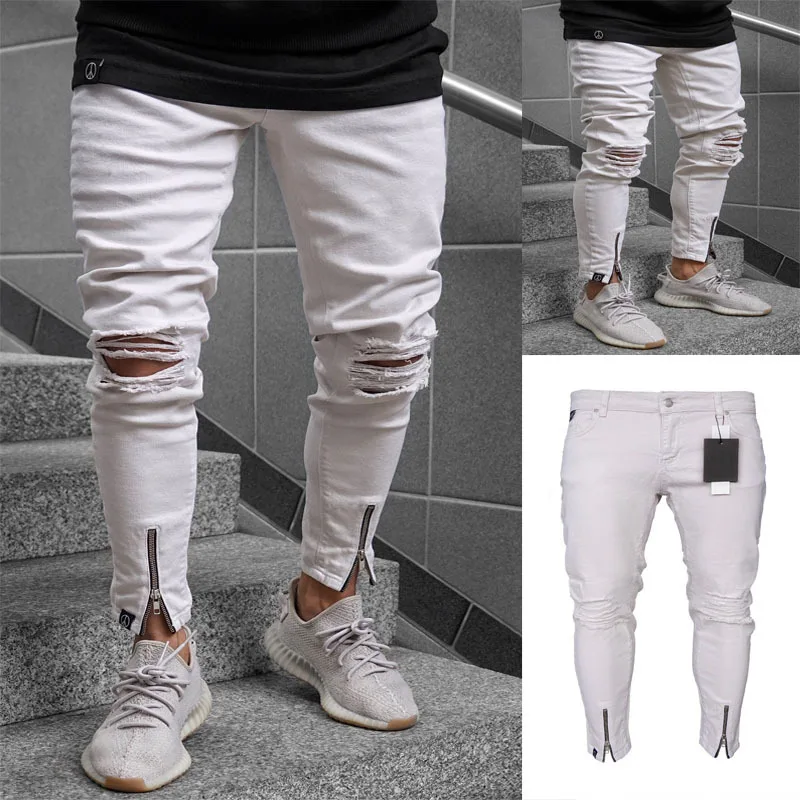 

Skinny Ripped Jeans Men 2019 Style Hip Hop Mens White Denim Joggers Knee Holes Washed Destroyed Jeans