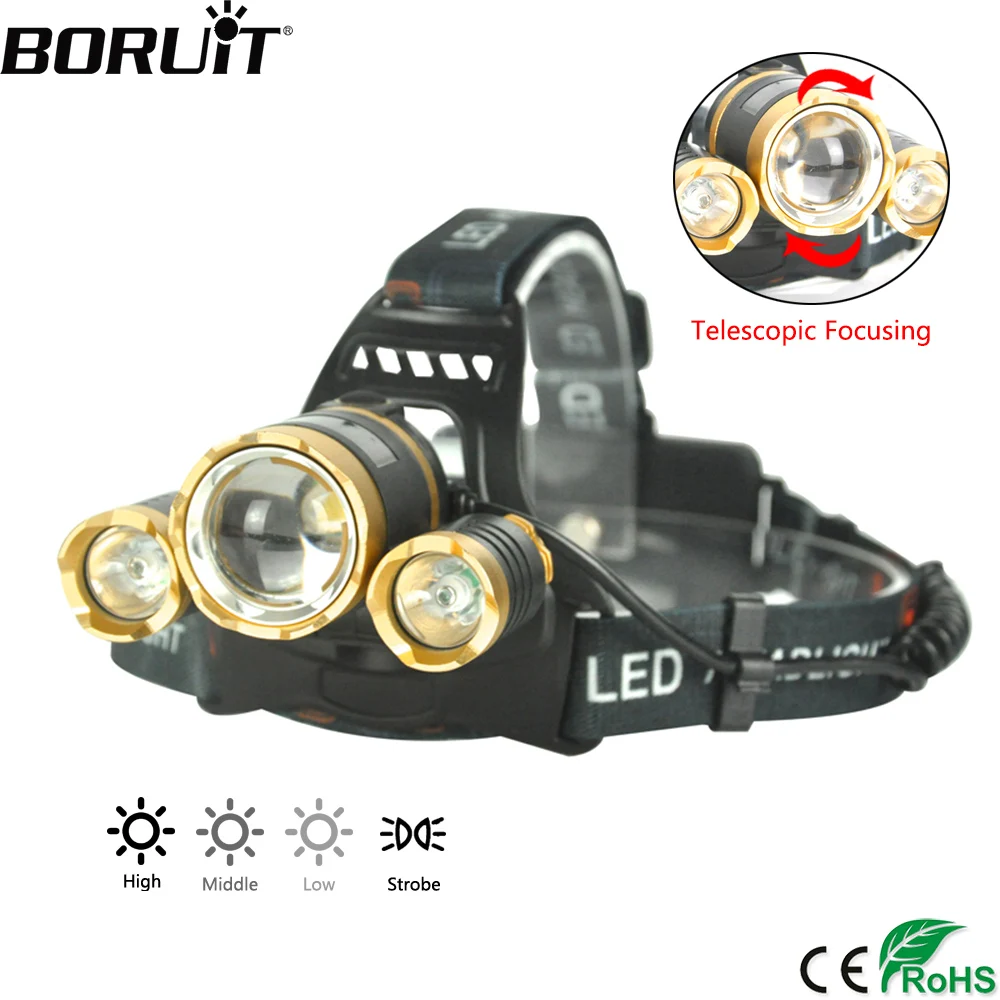 

BORUiT 1000LM XML T6 LED Headlamp 4 Modes Zoomable Headlight IPX4 Waterproof Head Torch Fishing Hunting Flashlight 18650 Battery