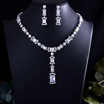 

CLEAR BEST QUALITY BRILLIANT CRYSTAL ZIRCON EARRINGS AND NECKLACE BRIDAL JEWELRY SET WEDDING DRESS ACCESSARIES