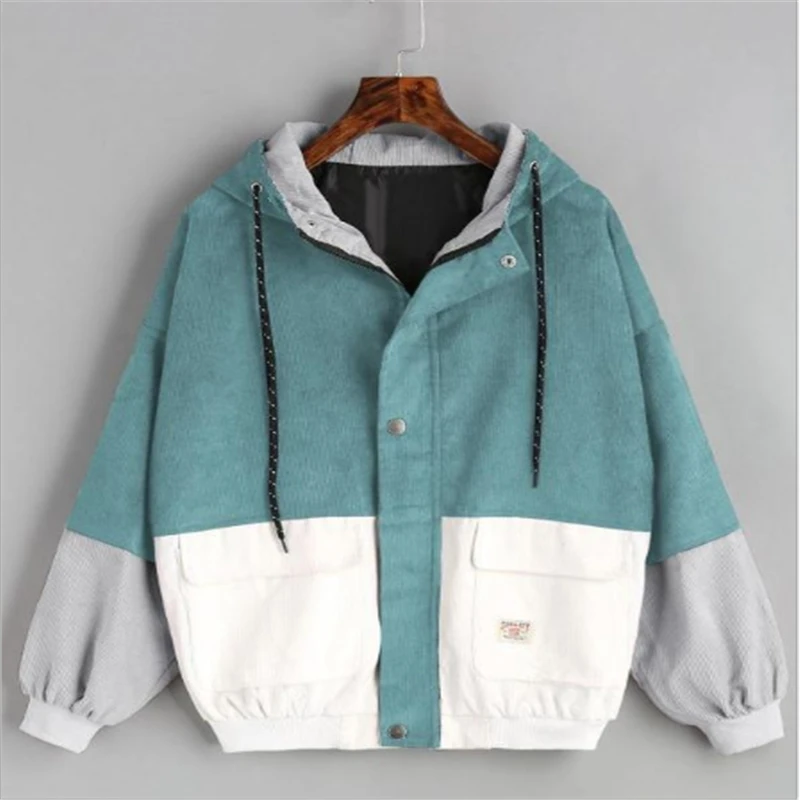 

2019 New Outerwear & Coats Jackets Long Sleeve Corduroy Patchwork Oversize Zipper Jacket Windbreaker coats and jackets women