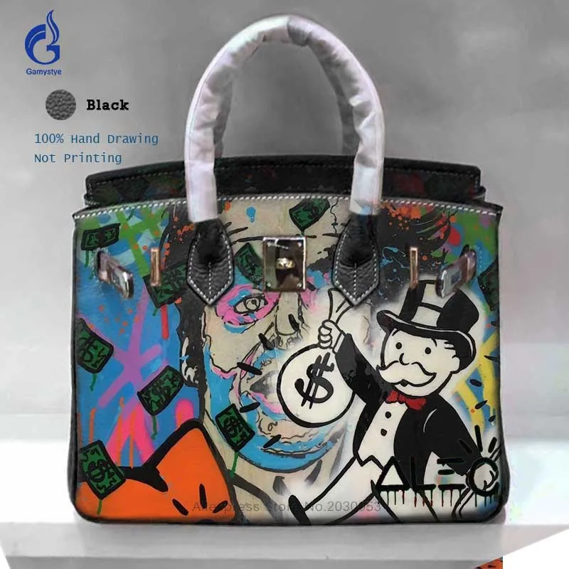 

New Designer Genuine Leather Women Bags Handbag Crossbody Togo Leather Shoulder Bag Hand Drawing Graffiti Art ALEC MONOPOLY Tote