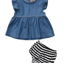 От 0 до 24 месяцев, джинсовое платье-рубашка для маленьких девочек топ+ штаны в полоску, комплект одежды, летняя одежда для малышей