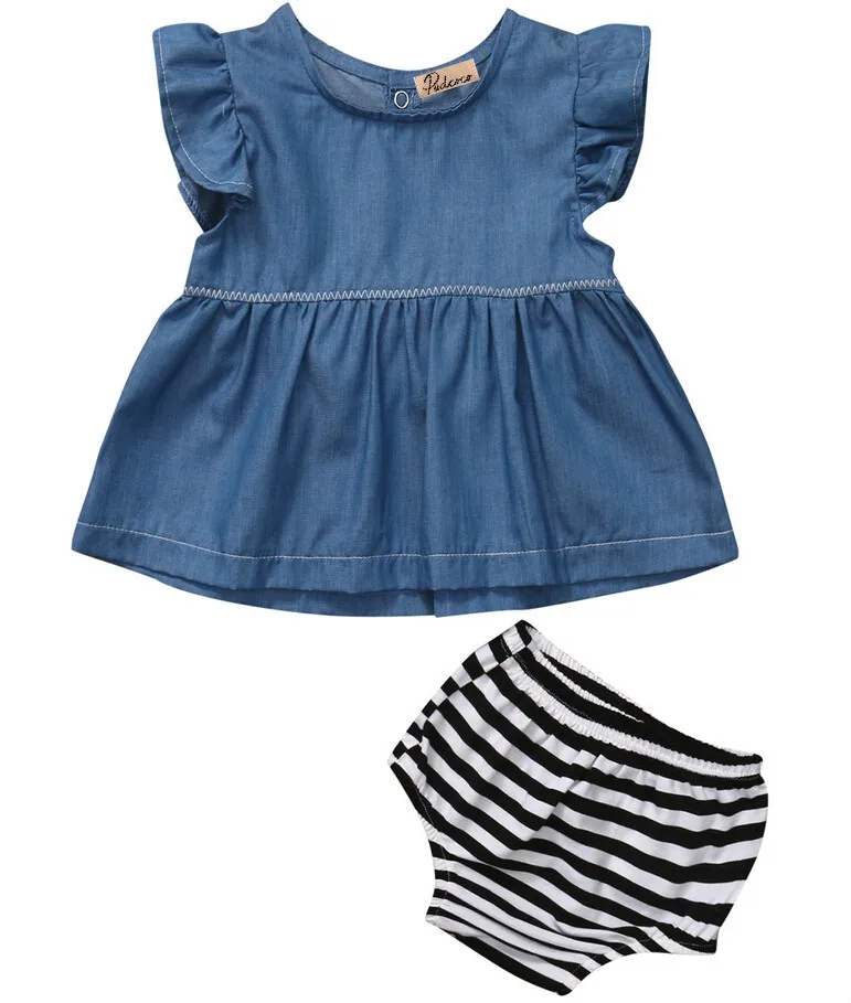 0 24M Toddler Baby Girls Kids Denim Dress shirt Top +Striped Pants
