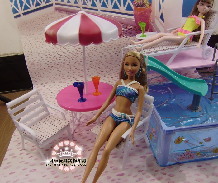Online Accesorios de muñecas para muñeca barbie de juguete, muebles de piscina, sombrilla, silla de playa, se puede deslizar para juego de piscina de muñecas barbie