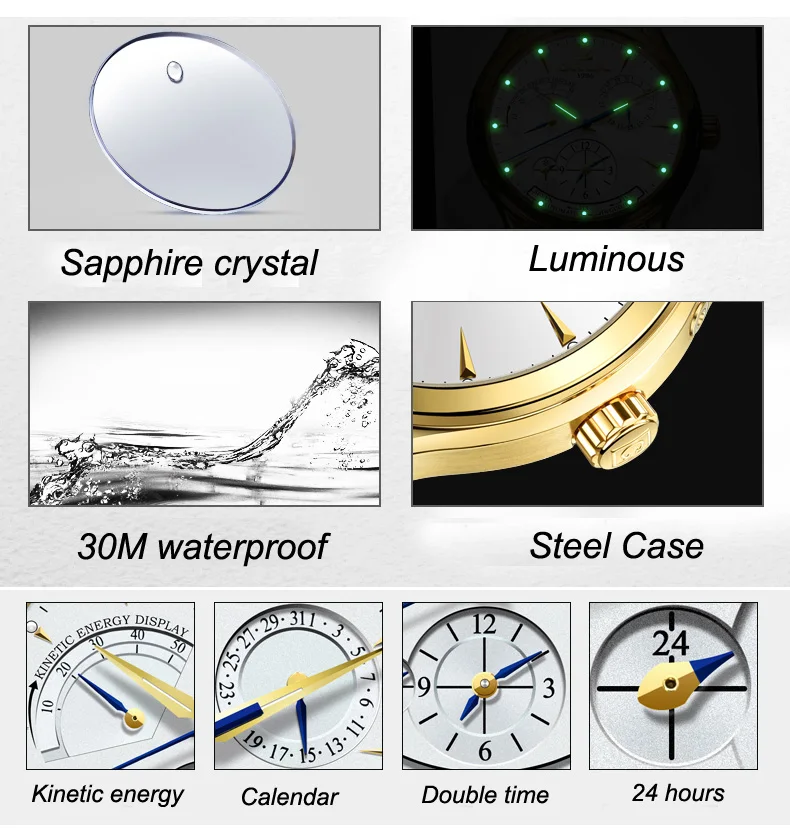 Бизнес второй часовой пояс кинетическая энергия дисплей автоматические механические часы для мужчин сапфир человек часы кожа водонепроницаемый