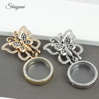 

10PCS!! Fashion Jewelry 30mm Glass Floating Locket with Crystal Butterfly Brooch Locket Pendant for Women