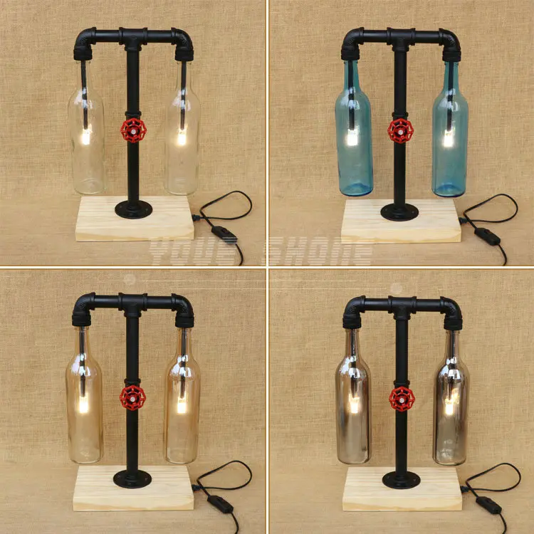 

two winebottles design amber color G4 wooden waterpipe desk lamp