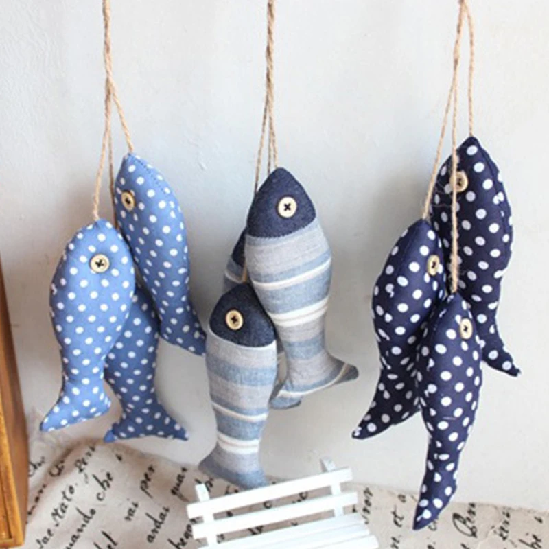 

3pcs/set Mediterranean Style Linen Cloth Fish Hanger Bunch Nautical Decor 3D Sticker For Wall Hanging 40*6cm Gift Crafts