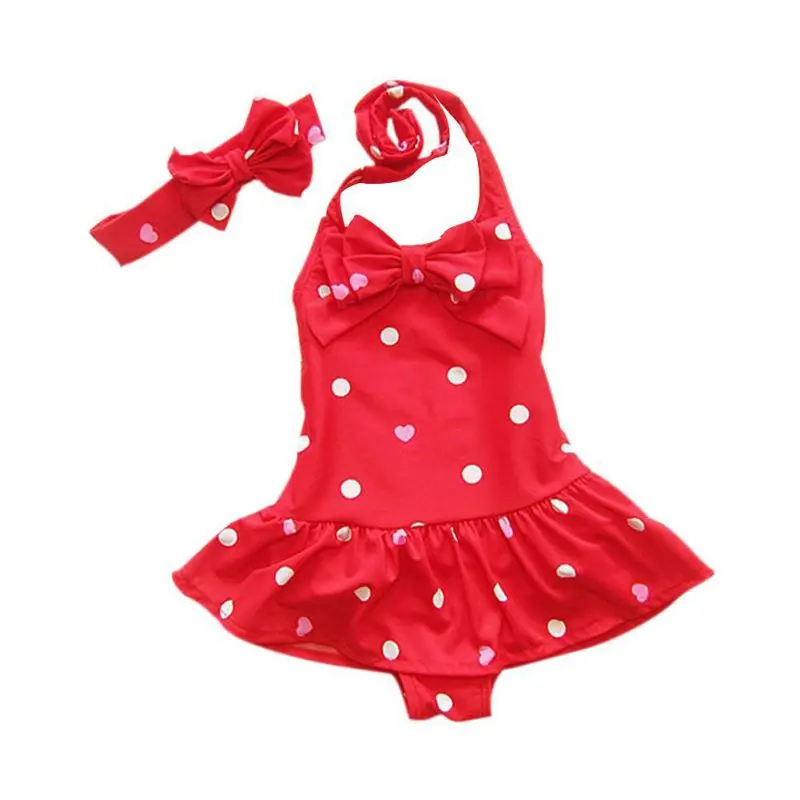 Купальный костюм для детей; одежда для купания; пляжный купальник в горошек для девочек; одежда для купания с принтом для маленьких девочек; повязка на голову; цельный купальник - Цвет: Красный