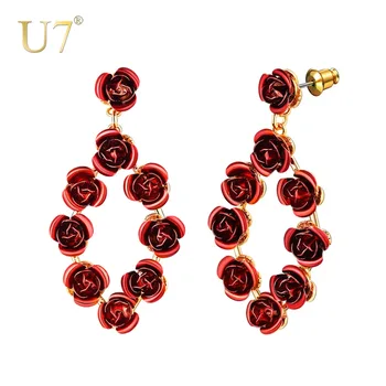 

U7 Red Rose Flowers Drop Earrings For Women Romantic Dangle Earrings with 925 Sliver Studs Gold Color Rose Jewelry Gift E1019