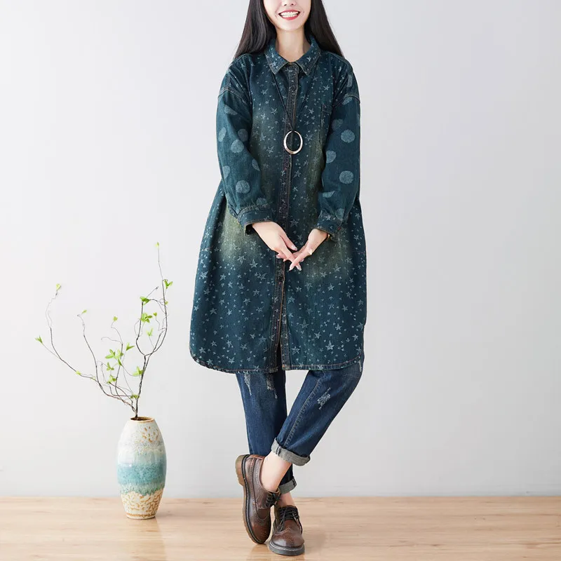 

Personality printed trench coat for women loose plus size long denim overcoat washed vintage casual patchwork fashion tide coats