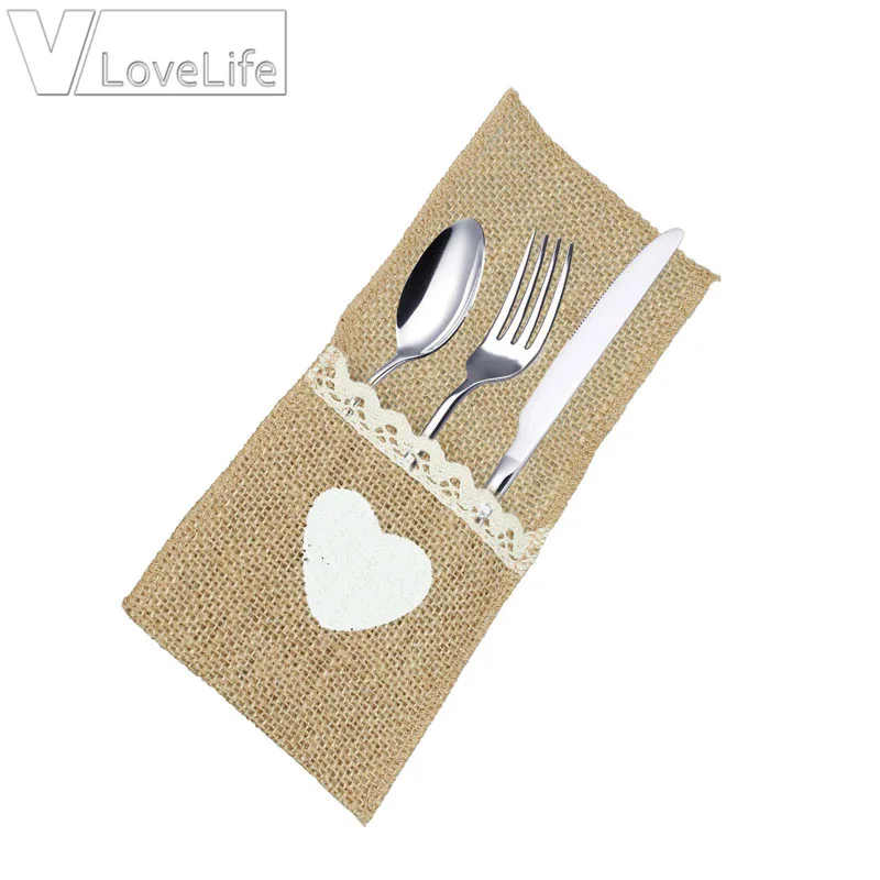 

10pcs Jute Tableware Pouch 11cm x 21cm Pocket Burlap Lace Knife and Fork Bag For Rustic Wedding Decoration Two Styles