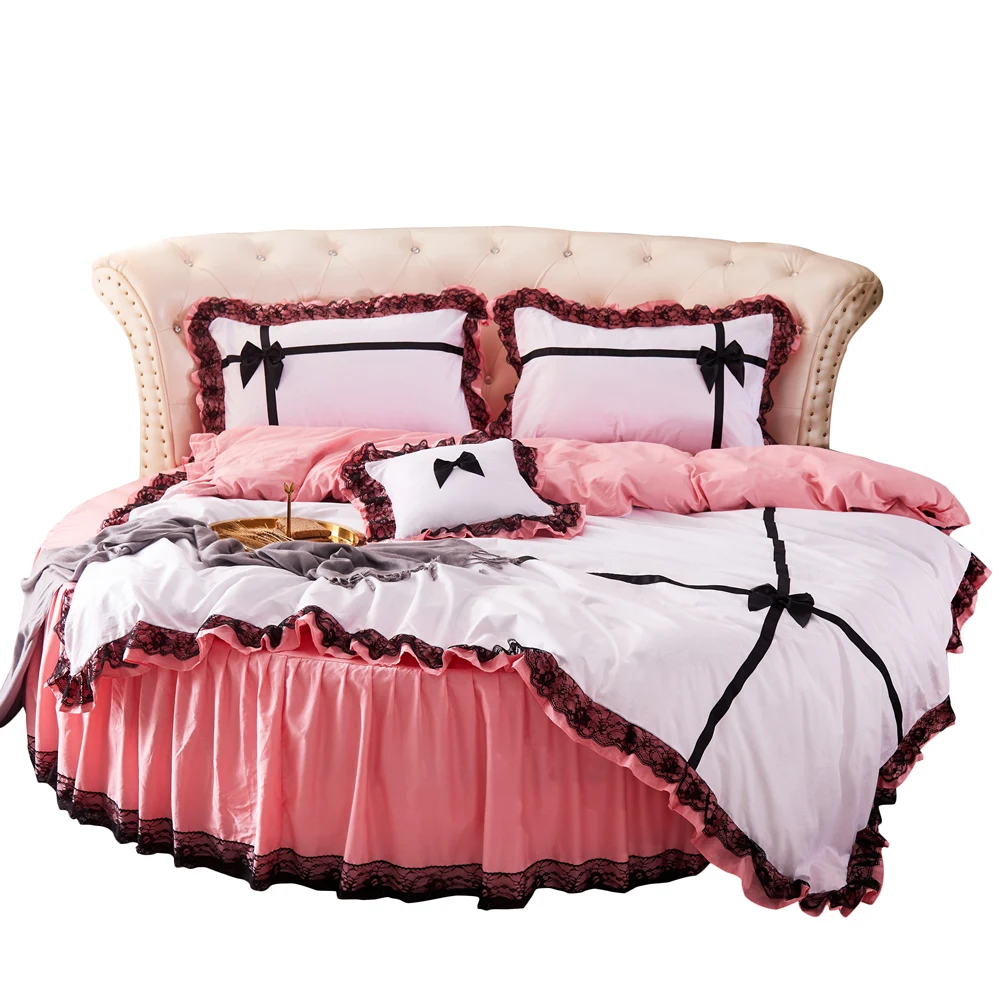 

2019 new 4Pcs Cotton Round Bed Sheet Pillowcase Duvet Cover Sets Lace Edge Pillowcase /Bed Skirt Embroidery Cotton Quilt Cover