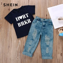 SHEIN/Детские рваные футболки с надписями и потертыми джинсами для маленьких мальчиков комплект из двух предметов, г. Весенние повседневные комплекты с короткими рукавами для мальчиков