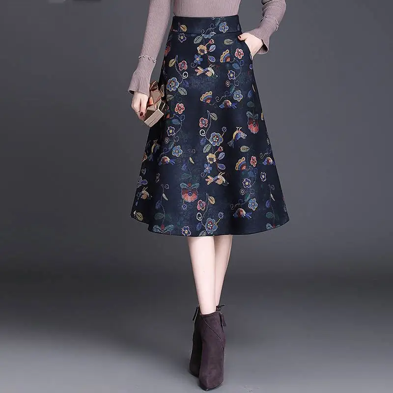 Осень-зима Для женщин шерстяные молнии трапециевидной формы Высокая Талия Юбка бального платья женские Однотонная повседневная обувь с оборками с цветочным узором, шерстяные юбки M35