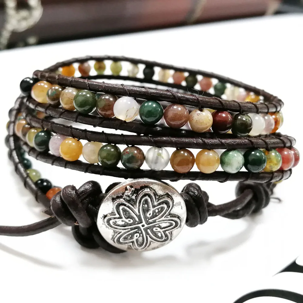 

Yuteng 3 Row Natural Stone Handmade Leather Wrap Bracelet Genuine Leather Indian Agates Cuff Bracelet Unisex LL8211