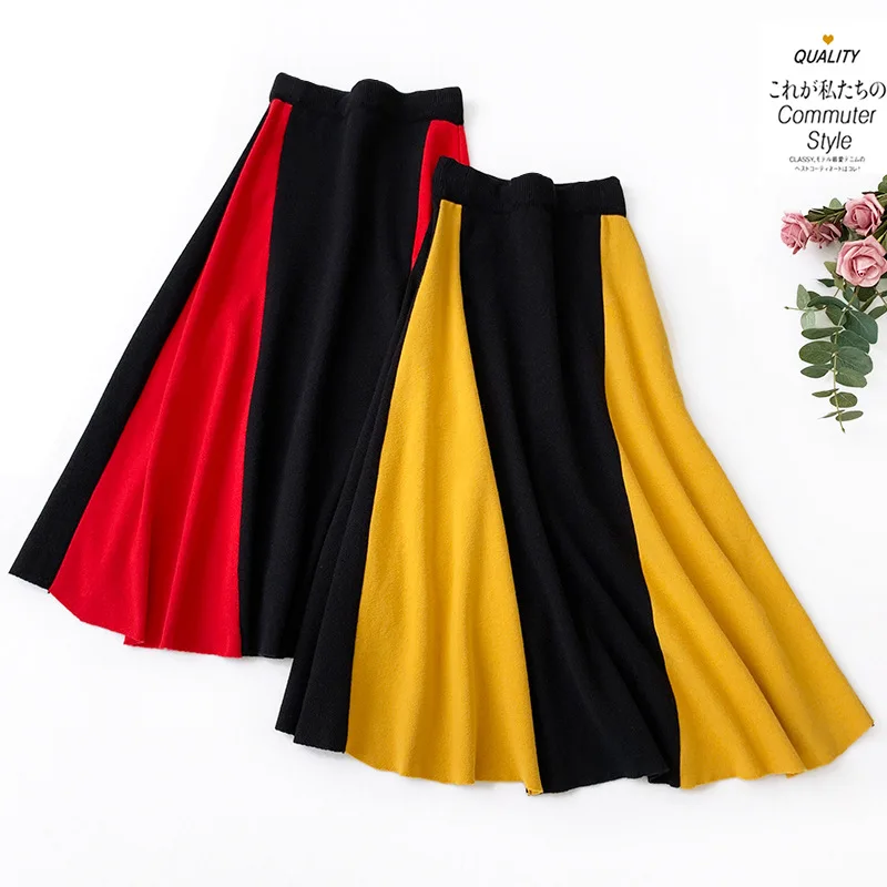 

AcFirst Autumn Winter Yellow Red Women Skirt Casual High Waist A-Line Mid-Calf Long Skirt Clothing All-match Knitting Skirts