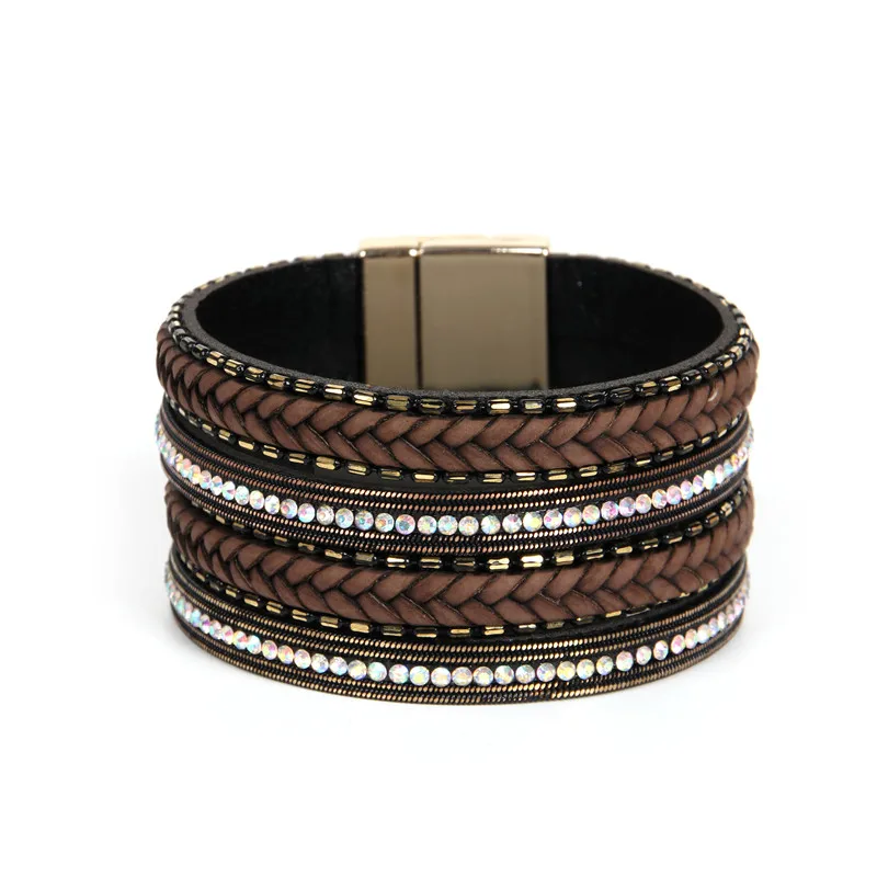 

ORNAPEADIA Europe and United States Accessories women's Luxury Zircon Bohemia Bangles multi-layer Genuine Leather fine Bracelet