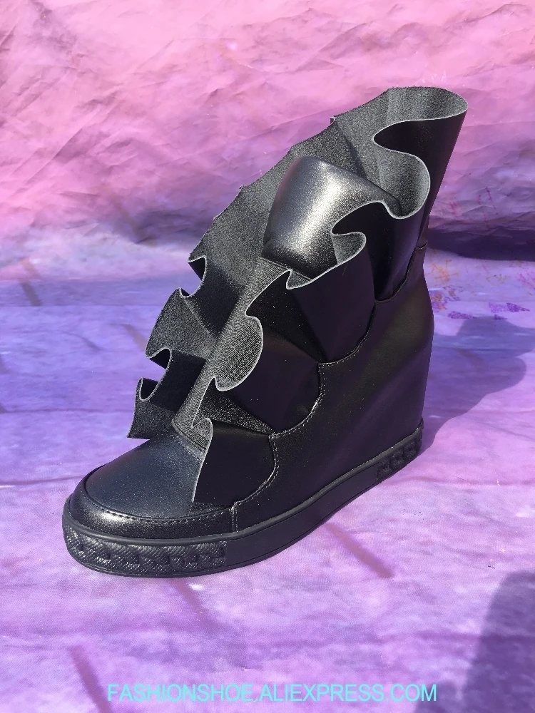 

2018 Newest Black Smooth Leather Women Slip On Casual Shoes Fashion Leather Ruffles Ladies Increased Heel Vulcanize Shoes Size41