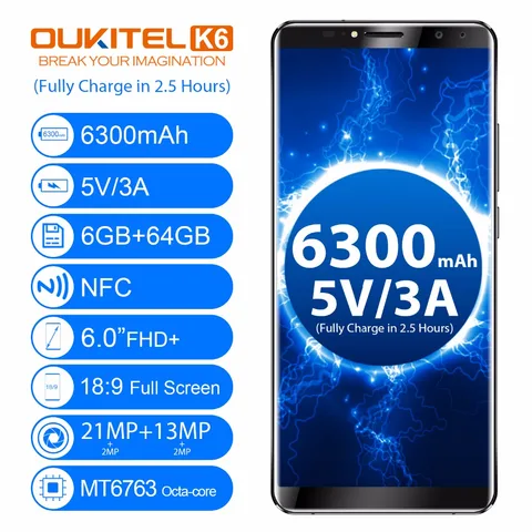 Oukitel 6 0   18 9 Full Screen Smartphone MT6763 Octa Core Phone Android 7 1 6GB RAM 64GB ROM 6300mAh Powerful Battery
