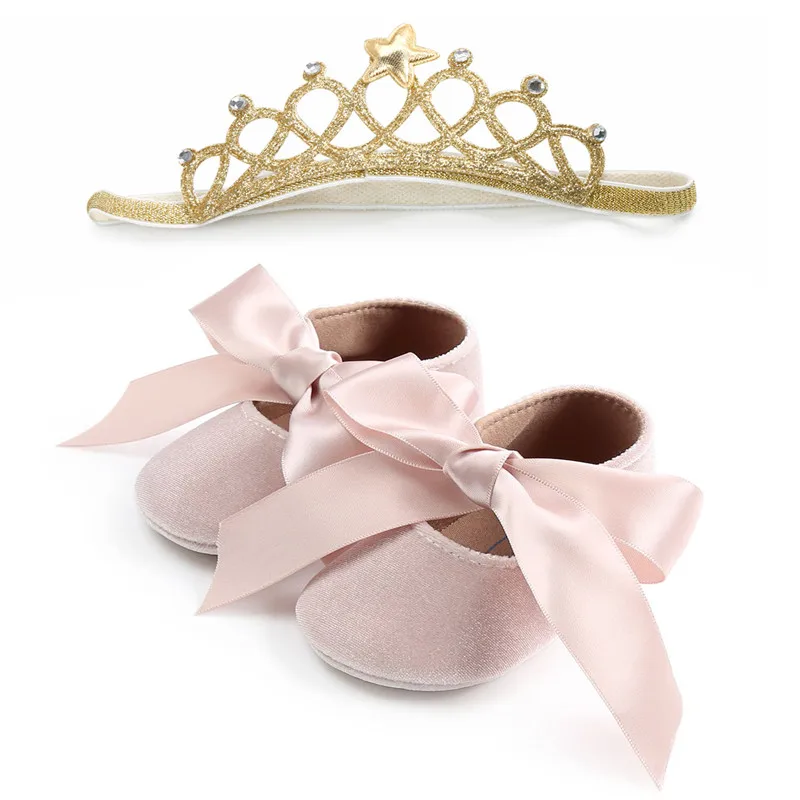 Crown-Design Footwear Newborn Baby-Girls Princess Breathable Soft Lace-Up Flock INS Headband