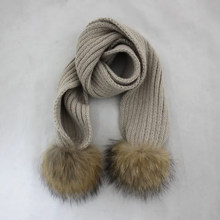 Шерстяной вязаный зимний шарф с мехом для детей - Цвет: beige